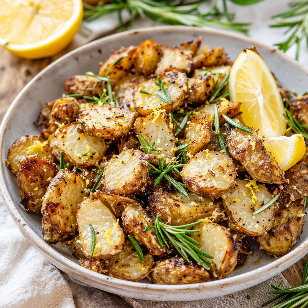 Skål med gyldne jordskokkeskiver, frisk rosmarin, revet citronskal, citronbåde og groft peber på træbord