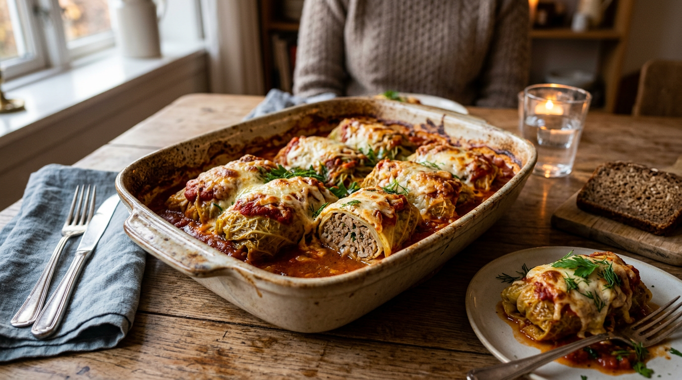 Kåldolmere i tomatsauce med smeltet ost i ovnfast fad