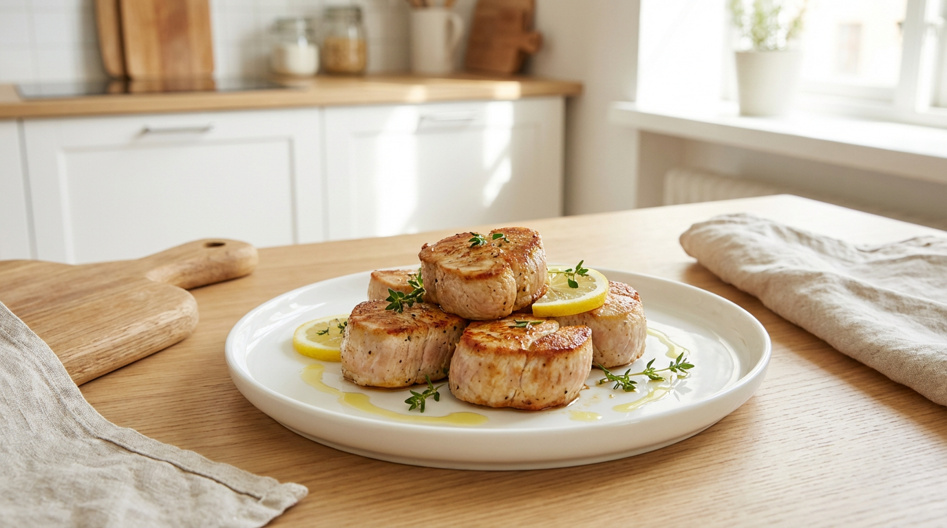 Skiver af gyldent kalkunbryst med urter og citron på hvid tallerken