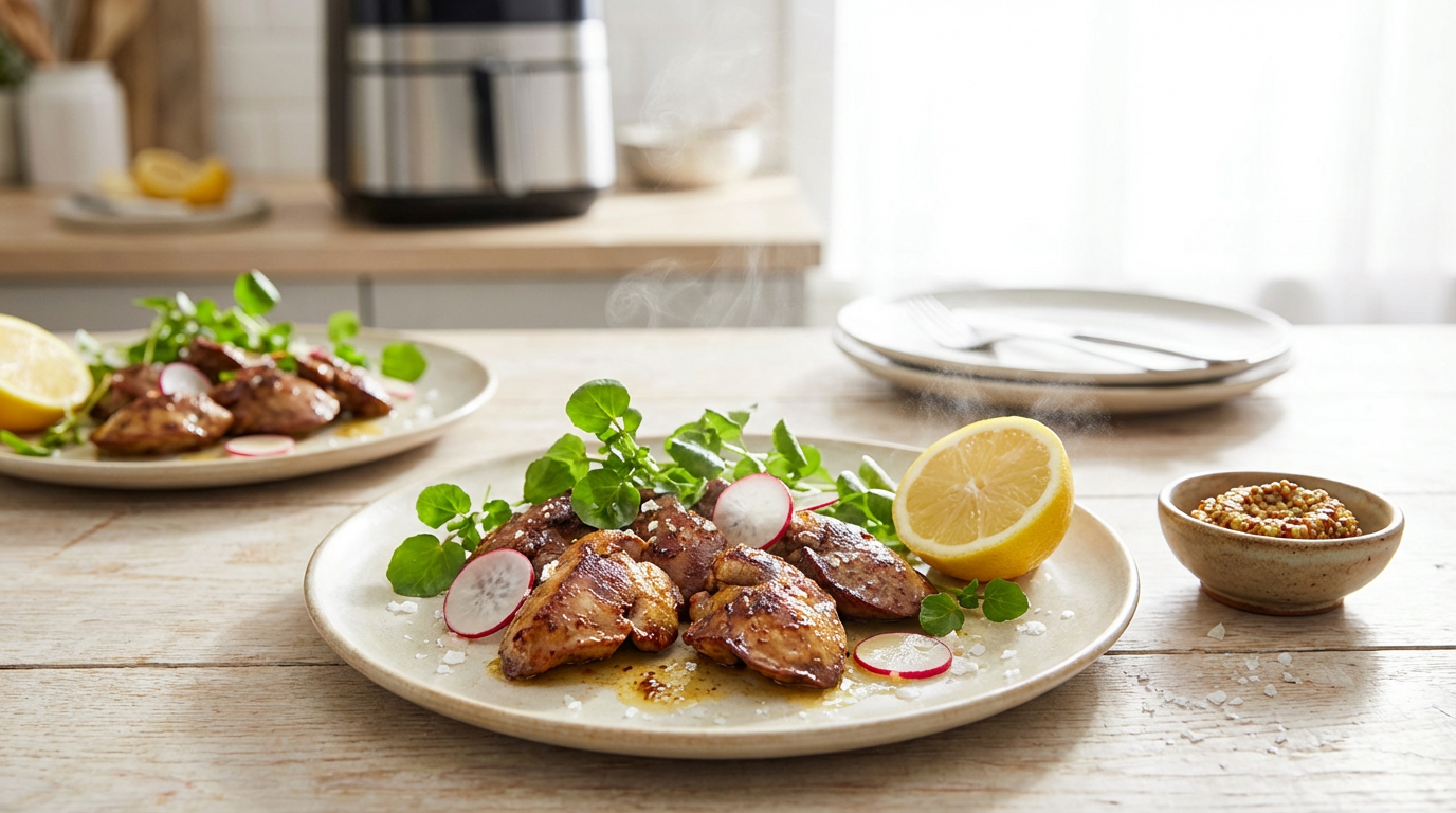 Stegte leverstykker på tallerken med citron og urter