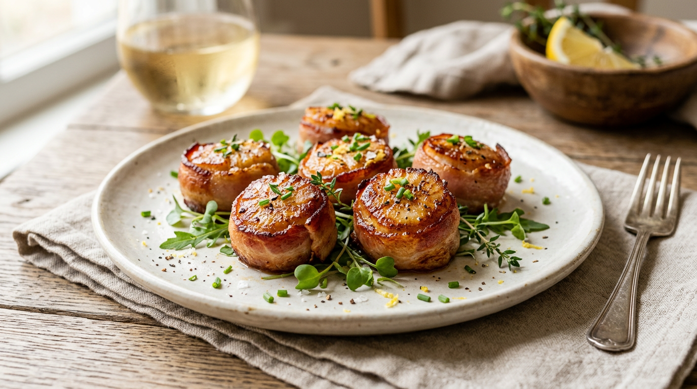 Gyldne kammuslinger med sprødt bacon som forret