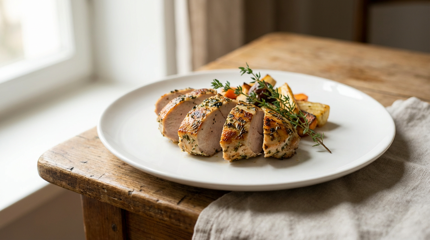 Skåret kaninfilet med urter på tallerken – airfryer resultat med gylden kant