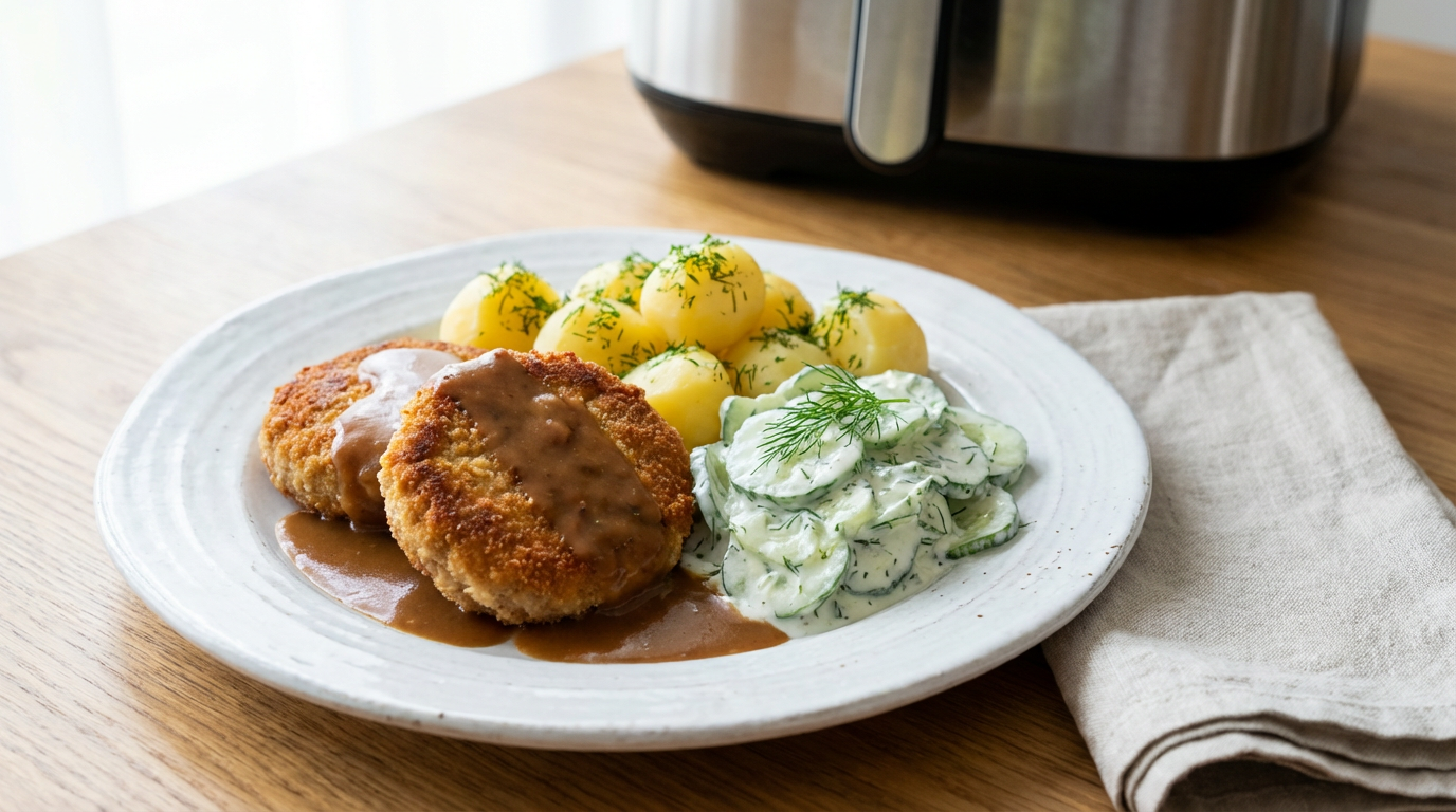 Gyldne karbonader på tallerken med sky og agurkesalat, kogte kartofler, lyst træbord og airfryer i baggrunden