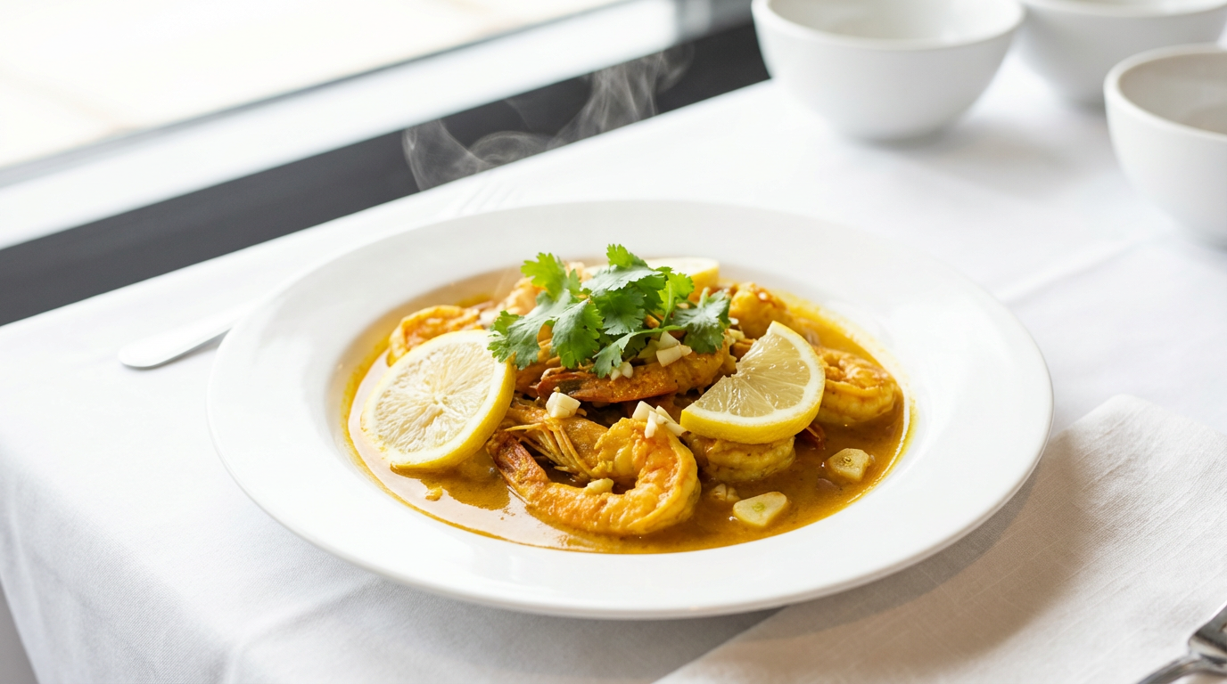 Pandebrune rejer med krydderier og citronskive på hvid tallerken, damp, lyst fiskehus-stil