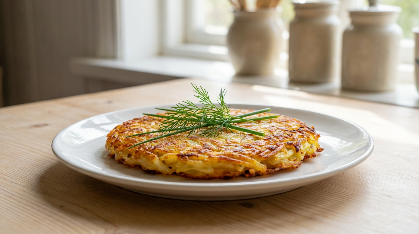 Gylden kartoffelrøsti på tallerken med urter