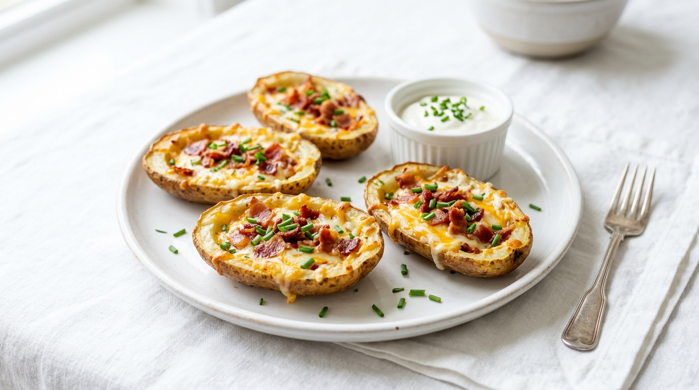 Små kartoffelskind med smeltet ost og bacon på fad, creme fraiche og purløg, lyst madfoto