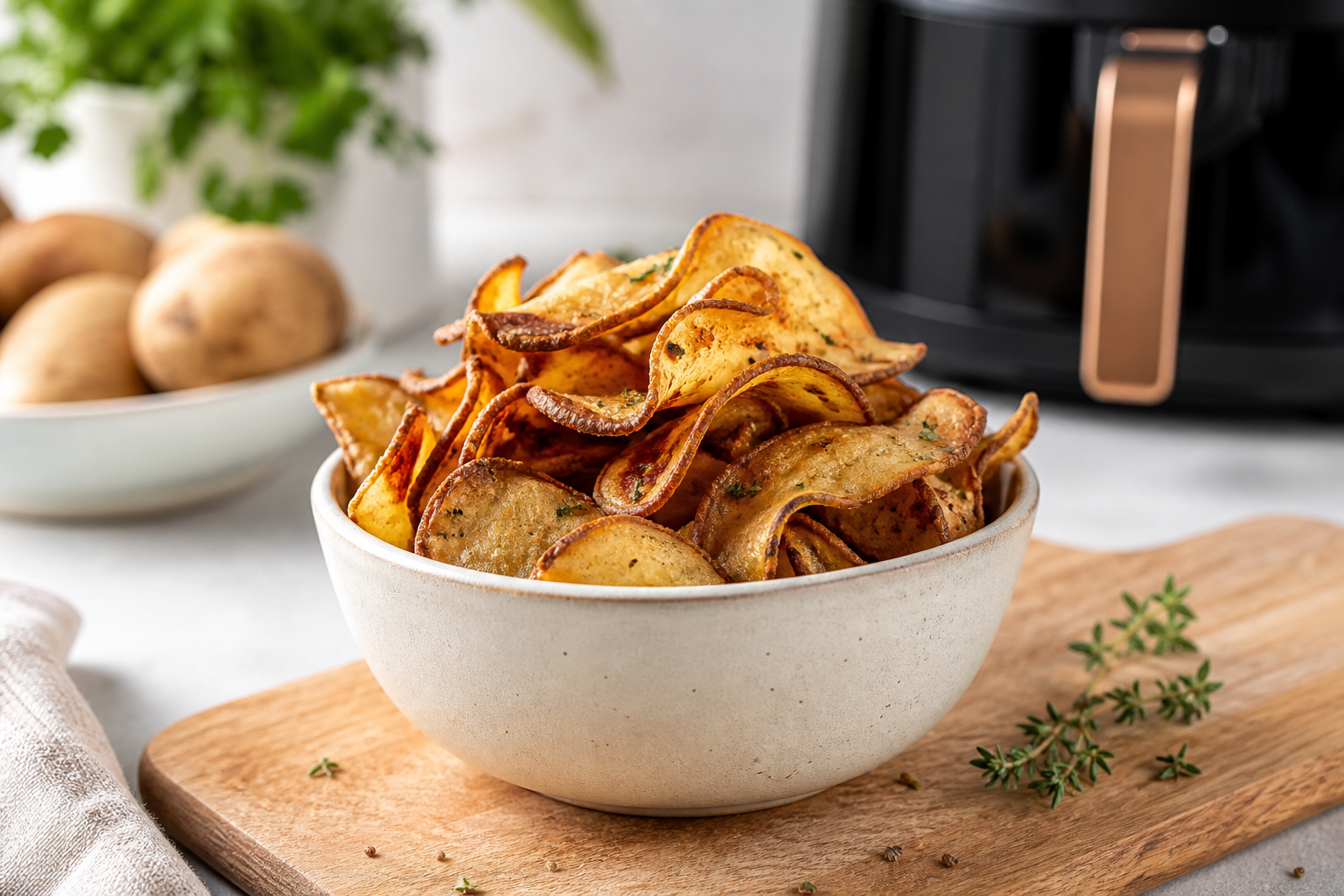 Sprøde gyldne kartoffelskræller-chips i skål på træbræt