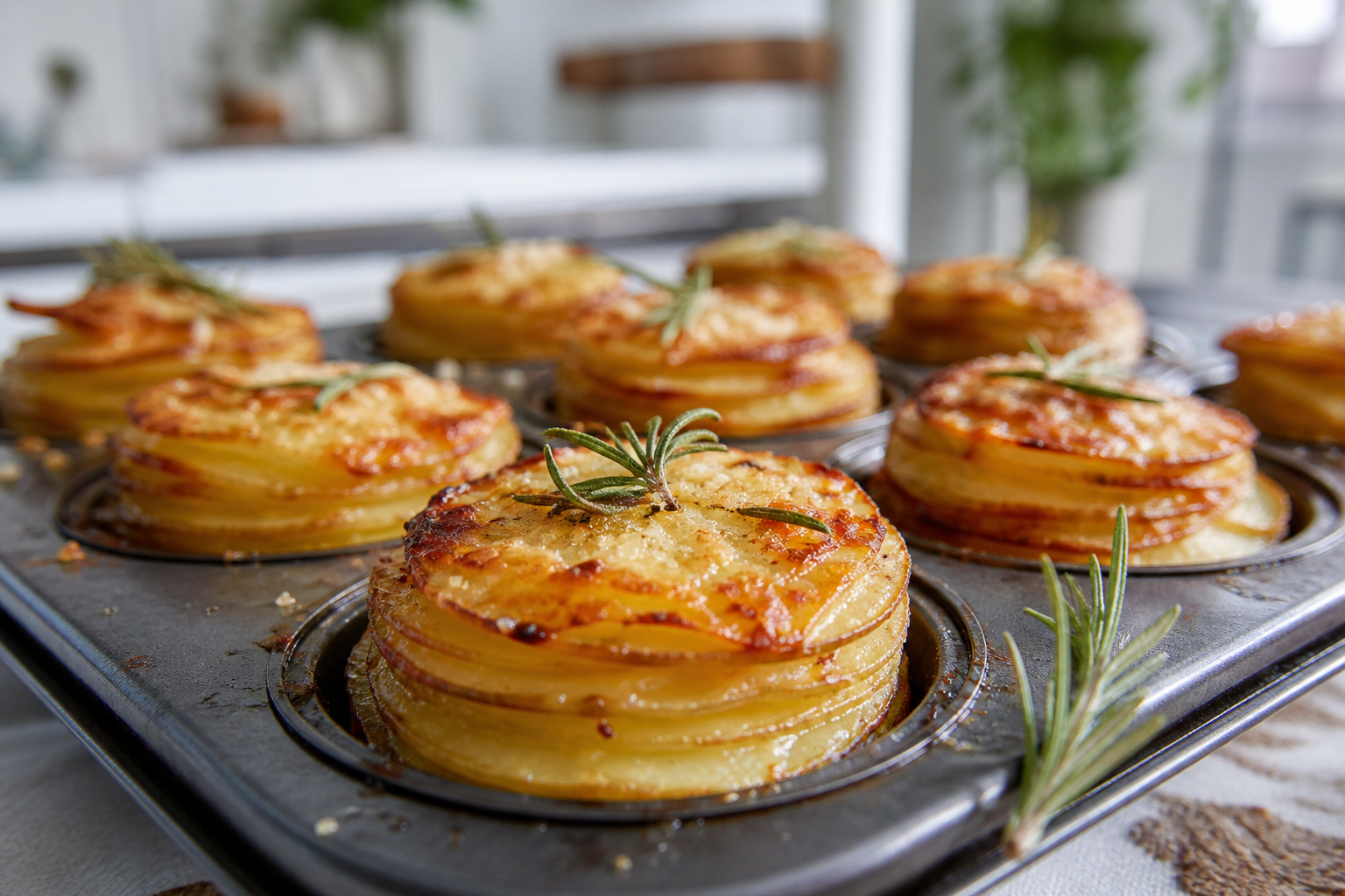 Små muffinformede kartoffeltår med rosmarin og ost i fad