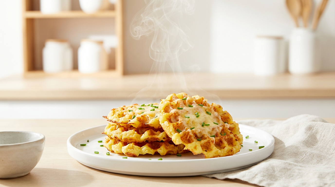 Gyldne kartoffelvafler med smeltet ost og purløg på lyst fad, høj key nordisk madfoto