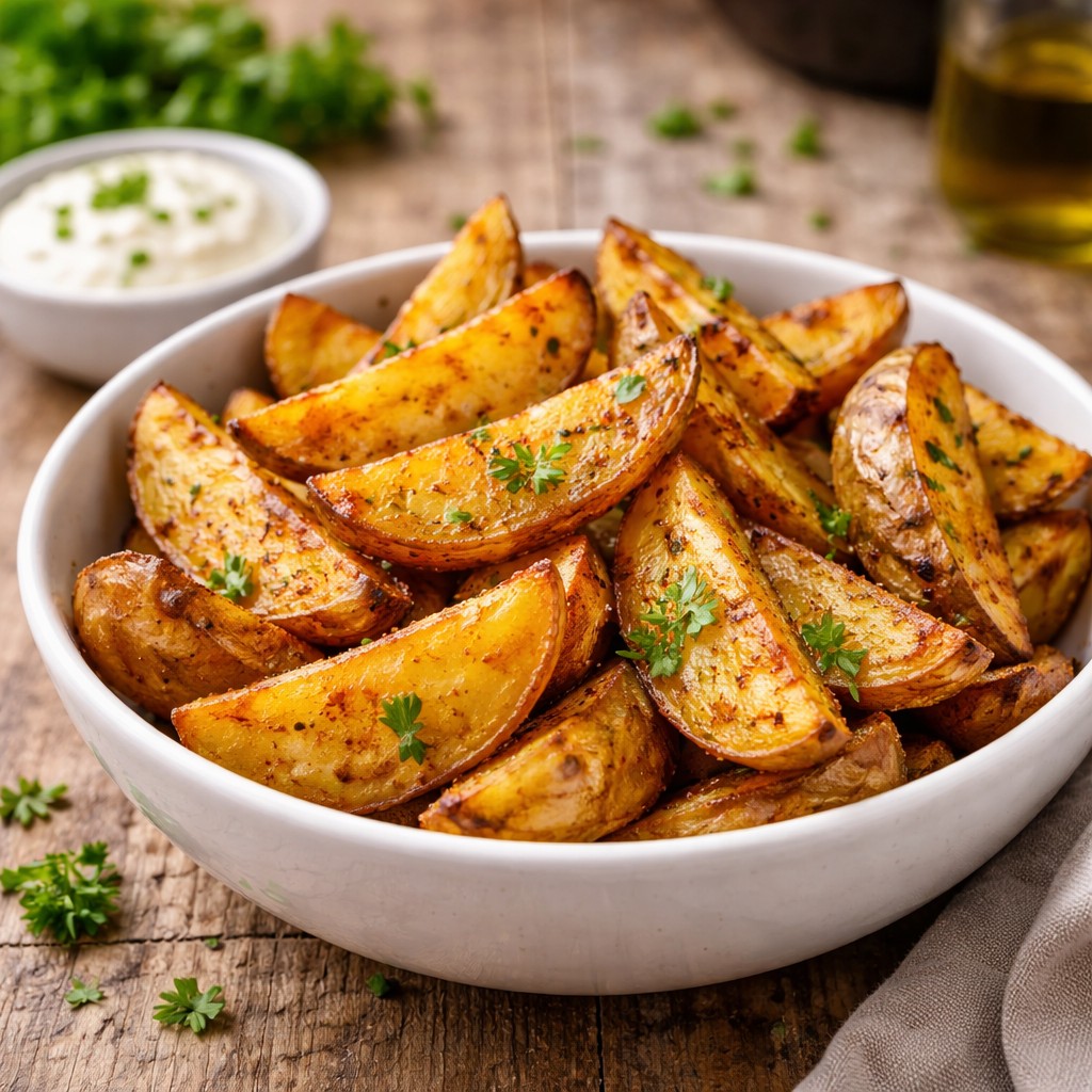 Gyldne kartoflebåde i hvid skål med persille, dip og olieflaske i baggrunden på rustikt træbord