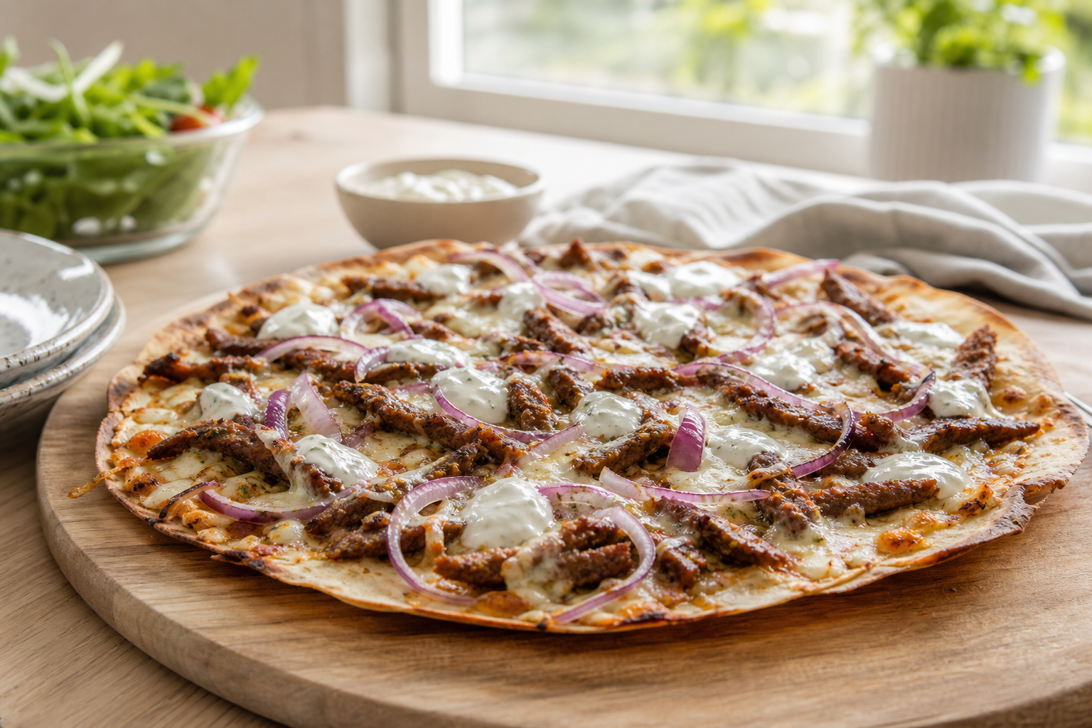 Tortilla-pizza topped med kebabstrimler og ost på skærebræt