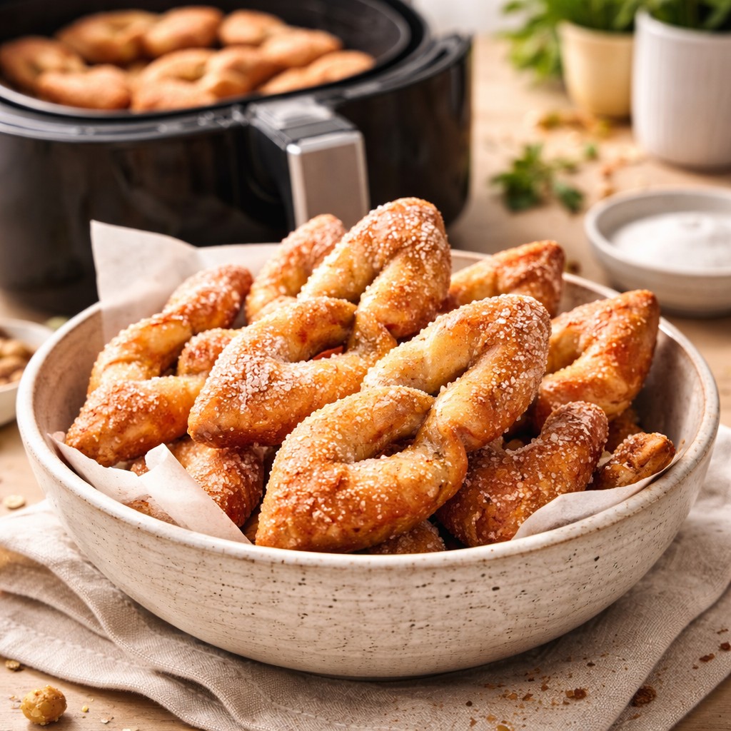 Skål med gyldne klejner drysset med sukker på linned, flere klejner i åben airfryer-kurv og lille skål med sukker i baggrunden