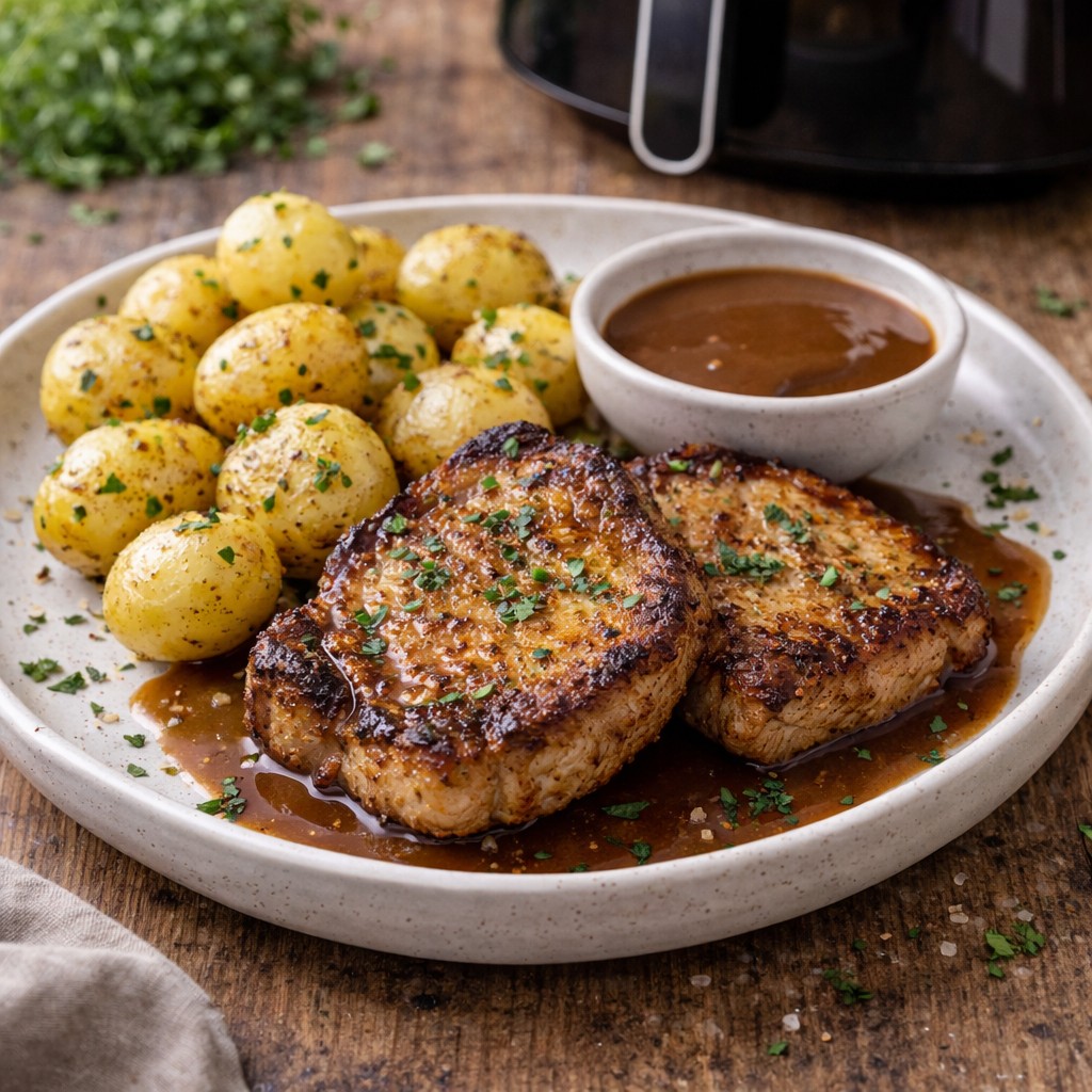 Saftige stegte koteletter med kartofler og sovs på tallerken foran en airfryer