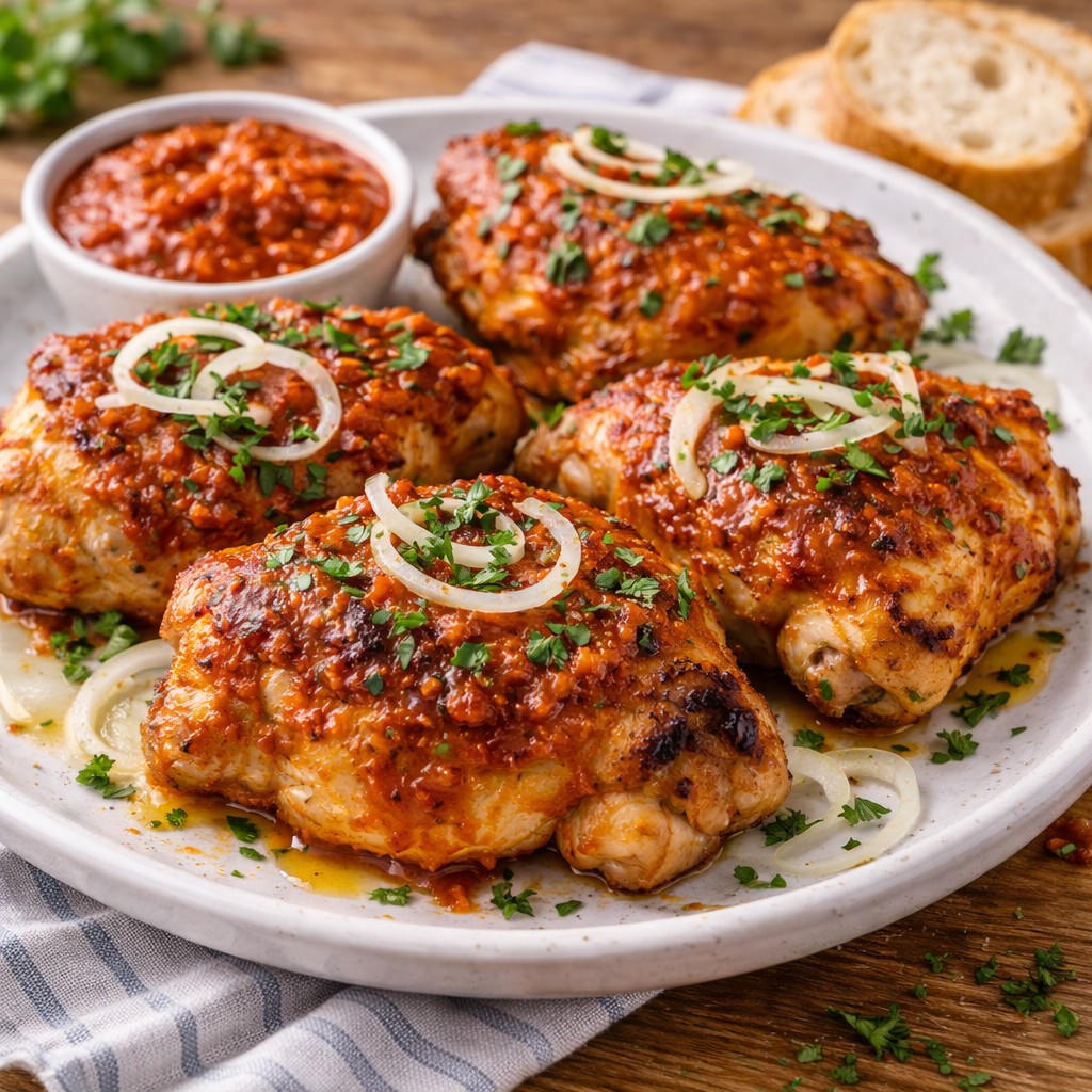 Kylling med gylden ajvar, løgringe og persille på tallerken med ekstra ajvar og brød