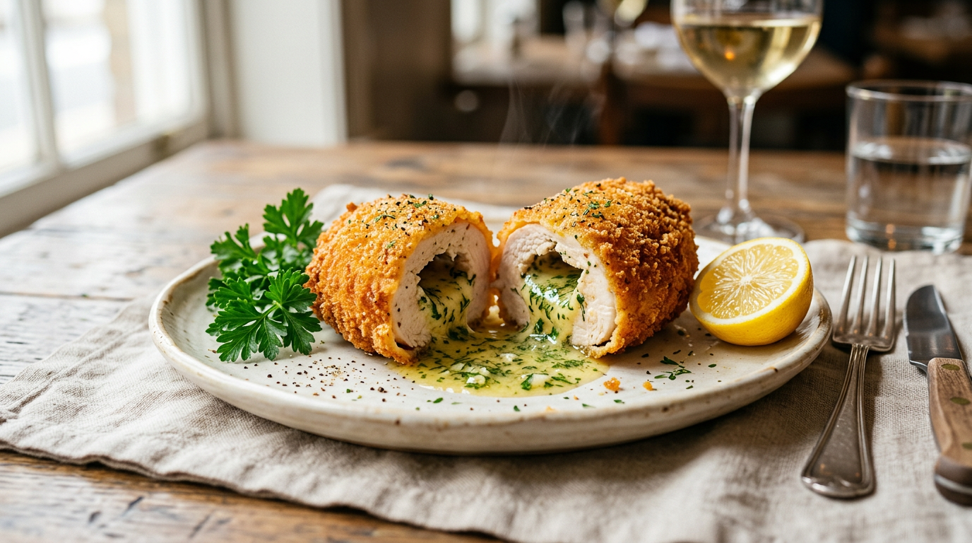 Skåret kylling Kiev med urtesmør der flyder ud, sprød panering