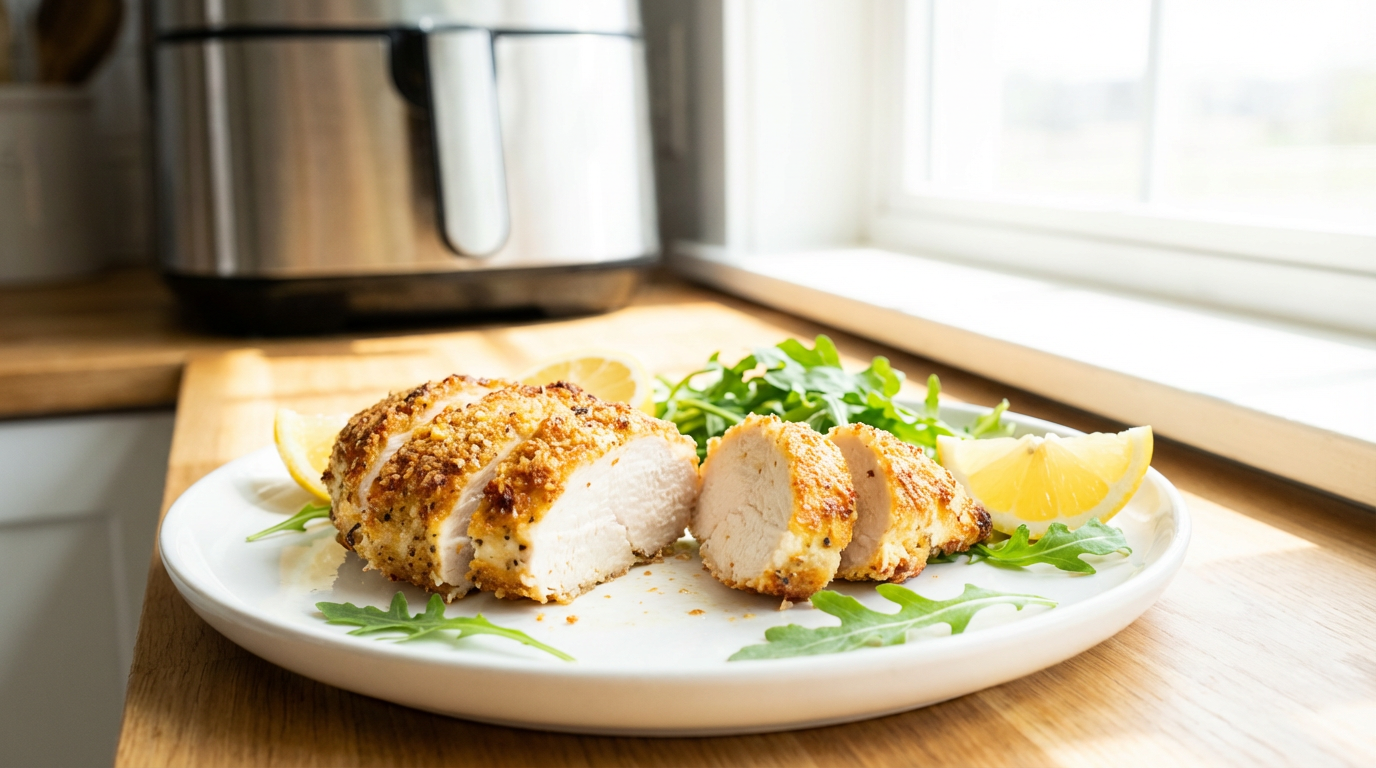 Skåret kylling med sprød parmesan-skorpe, salat og citron på tallerken, lyst træ og airfryer i blødt fokus
