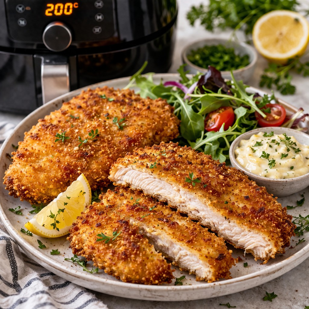 Panerede kyllingeschnitzler på tallerken med salat, dippersauce, citron og persille, den ene skåret i skiver med hvid kylling indeni, airfryer med 200 °C på display i baggrunden