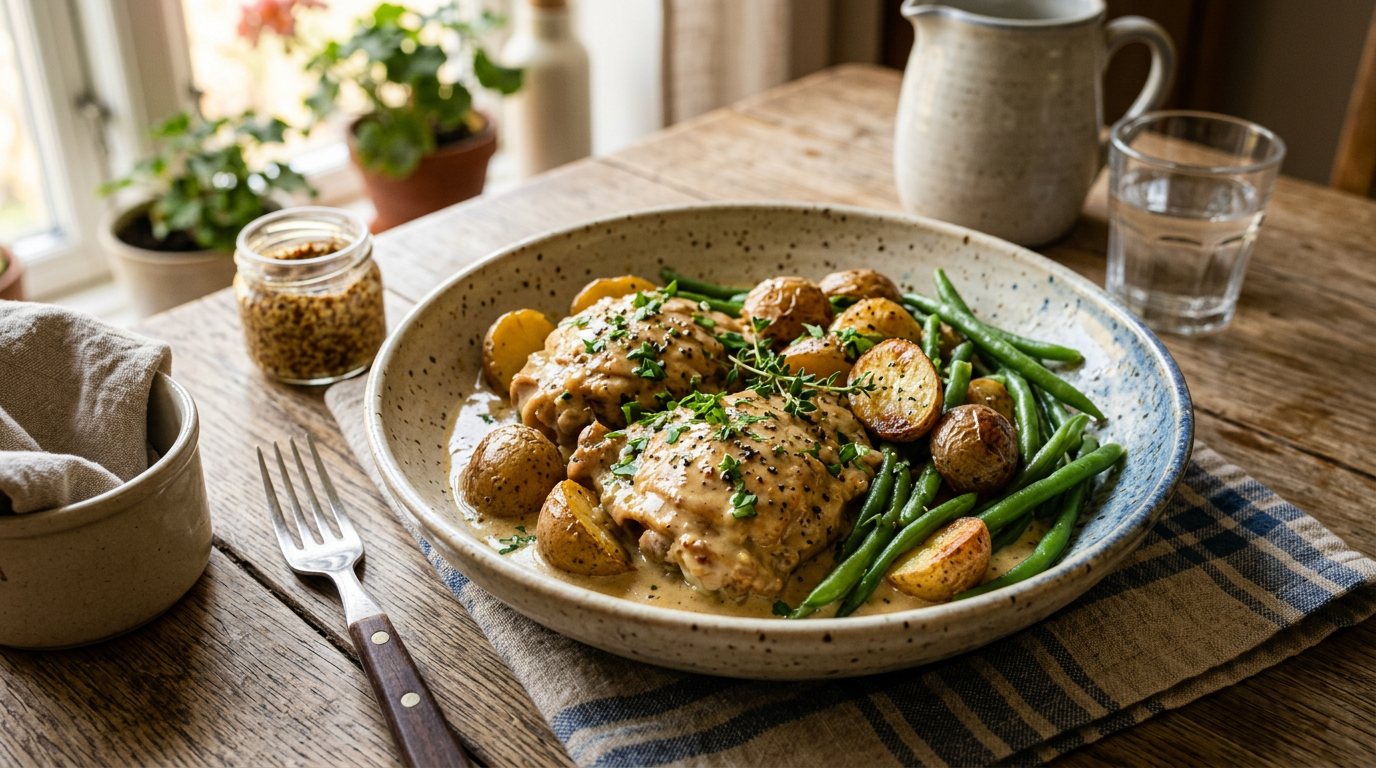 Kylling i cremet sennepssauce med kartofler og grønne bønner i skål