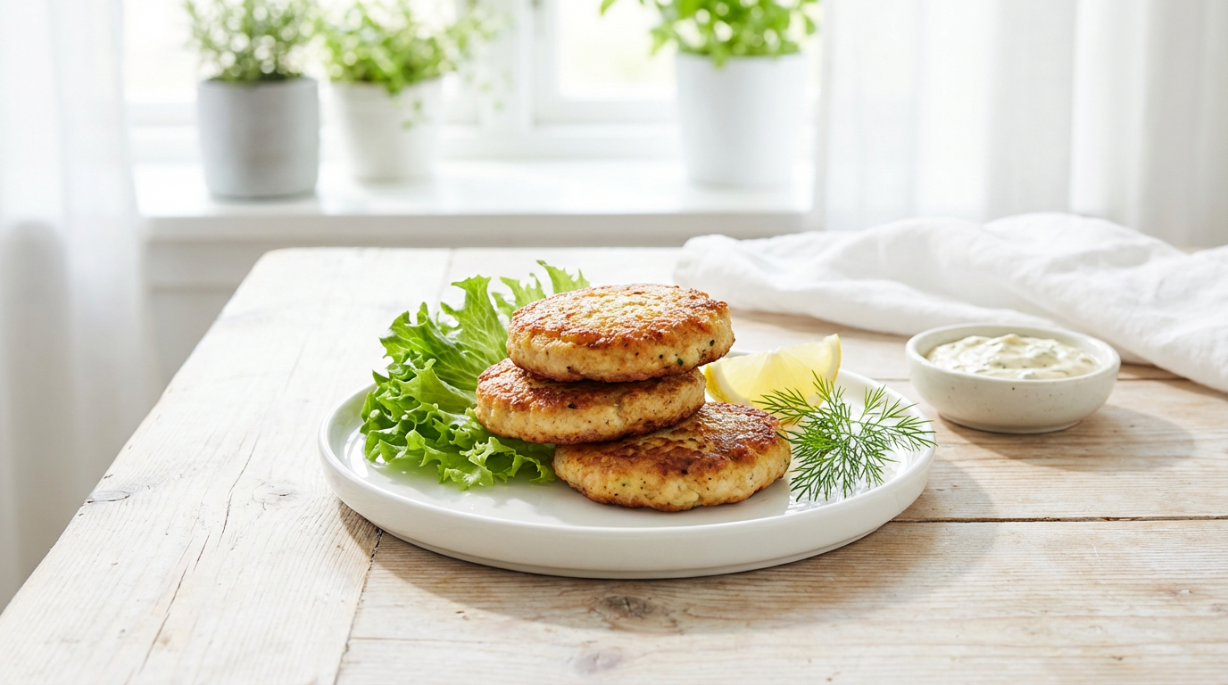 Gyldne kyllingebøffer på hvid tallerken med salatblade og citron, lyst nordisk madfoto