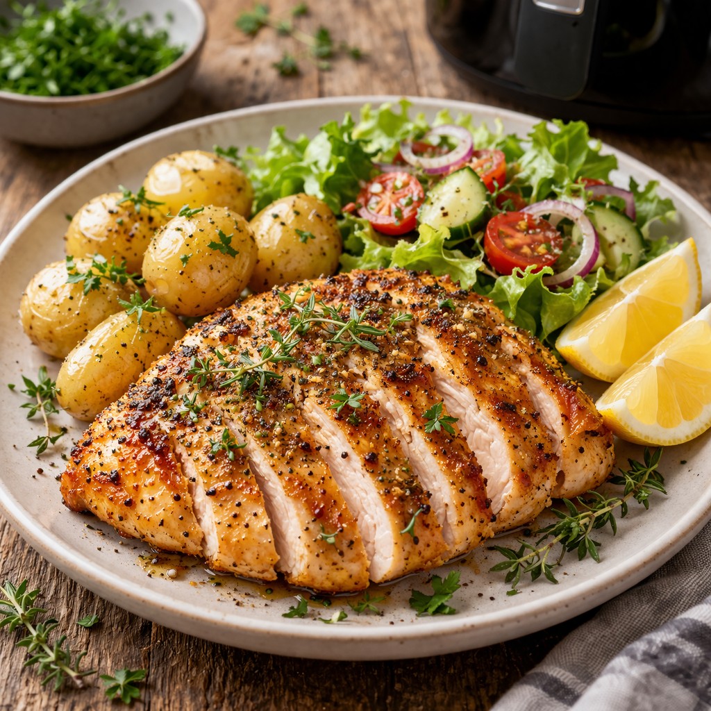 Skåret kyllingebryst med krydderi på tallerken sammen med kartofler, salat, citron og timian – airfryer i baggrunden på træbord