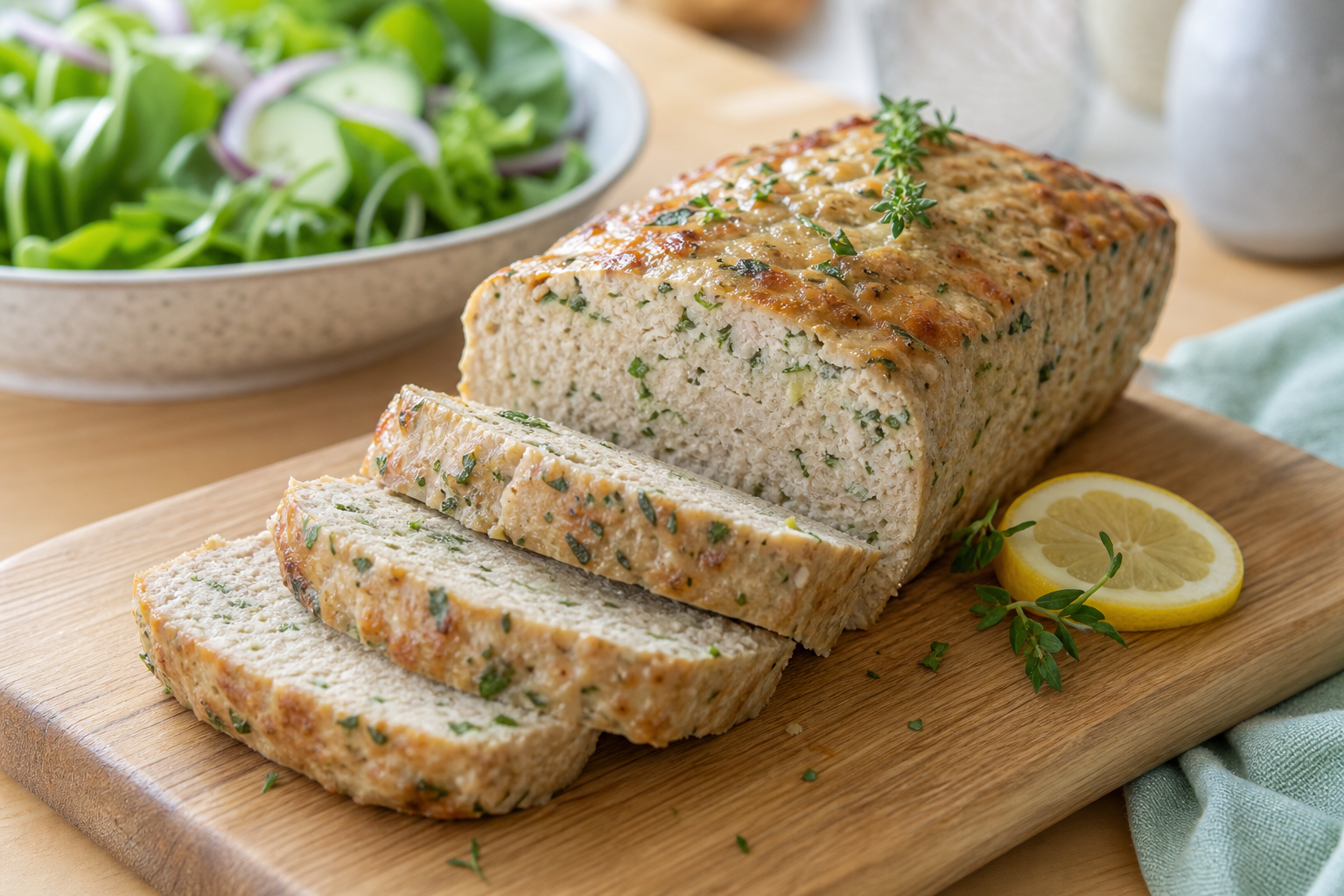 Skiver af kyllingefarsbrød med grønt og citron på tallerken