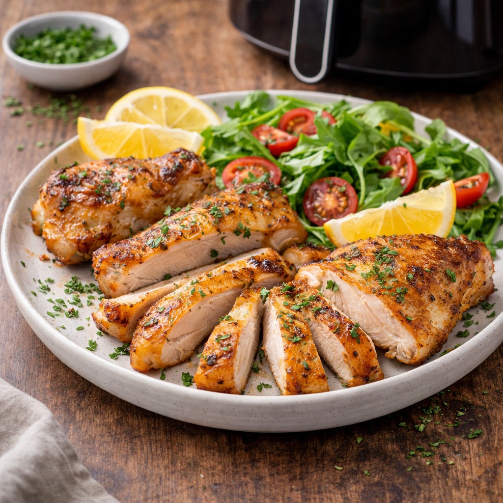 Saftige airfryer kyllingelår uden ben serveret med citron og grøn salat