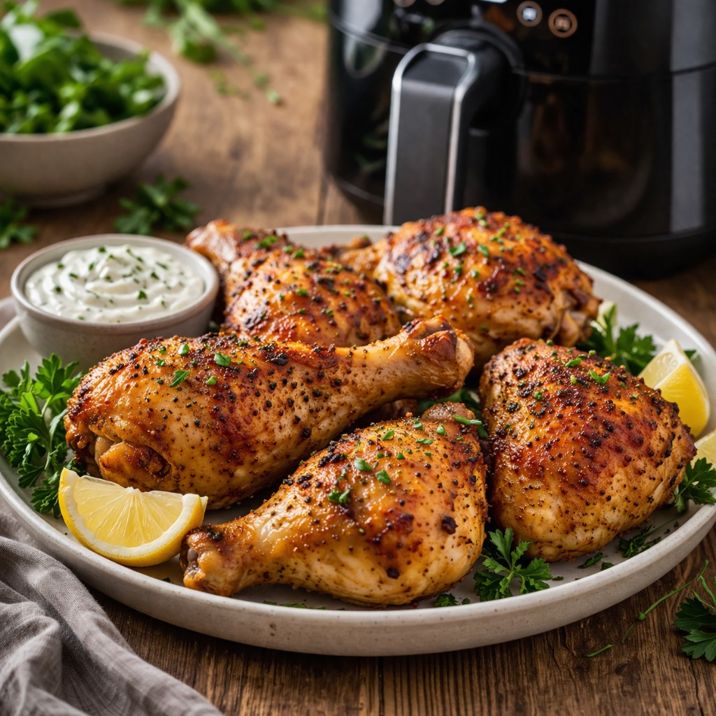 Sprøde gyldne kyllingelår med citron og urtedip serveret foran en airfryer