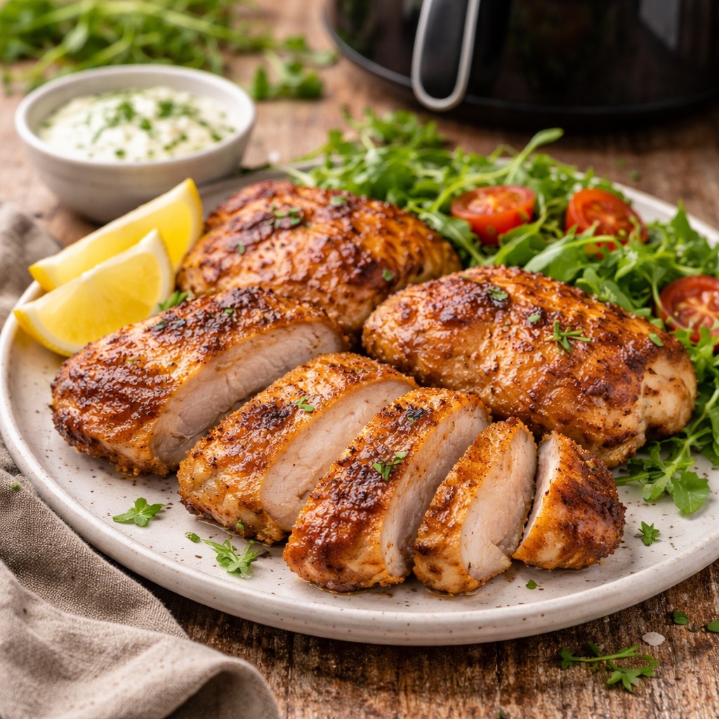 Saftige stegte kyllingelårfileter i skiver med citron, grøn salat og dip foran en airfryer