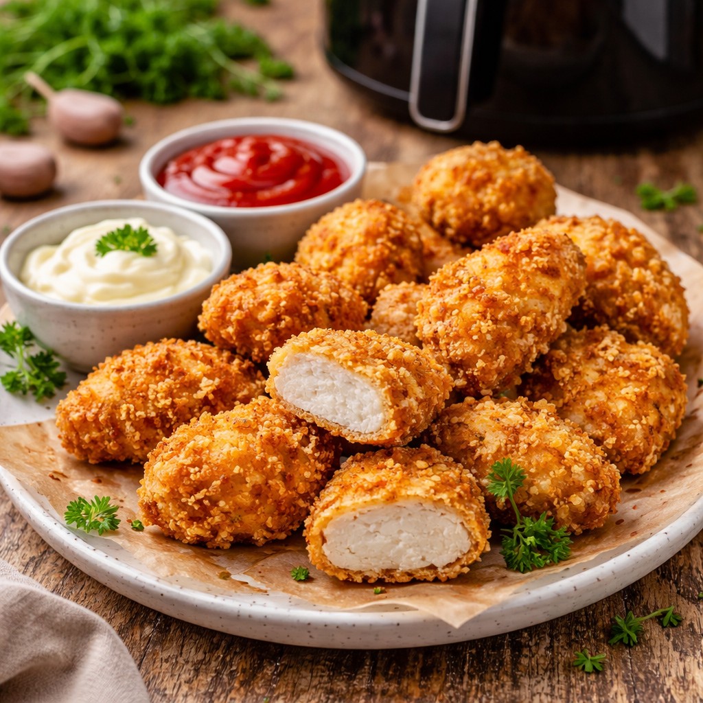 Sprøde hjemmelavede kyllingenuggets med ketchup og dip på tallerken foran en airfryer