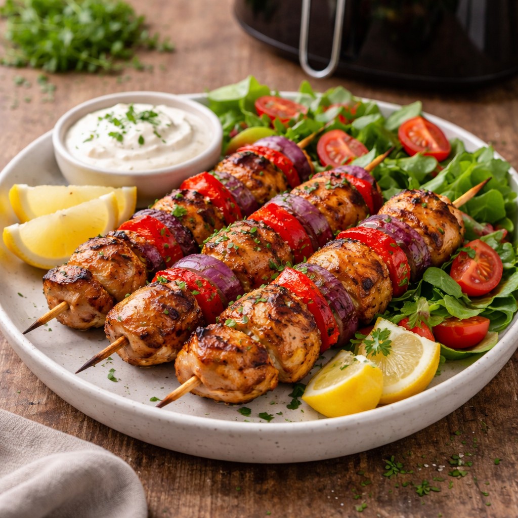 Saftige grillede kyllingespyd med peberfrugt og rødløg på tallerken foran en airfryer