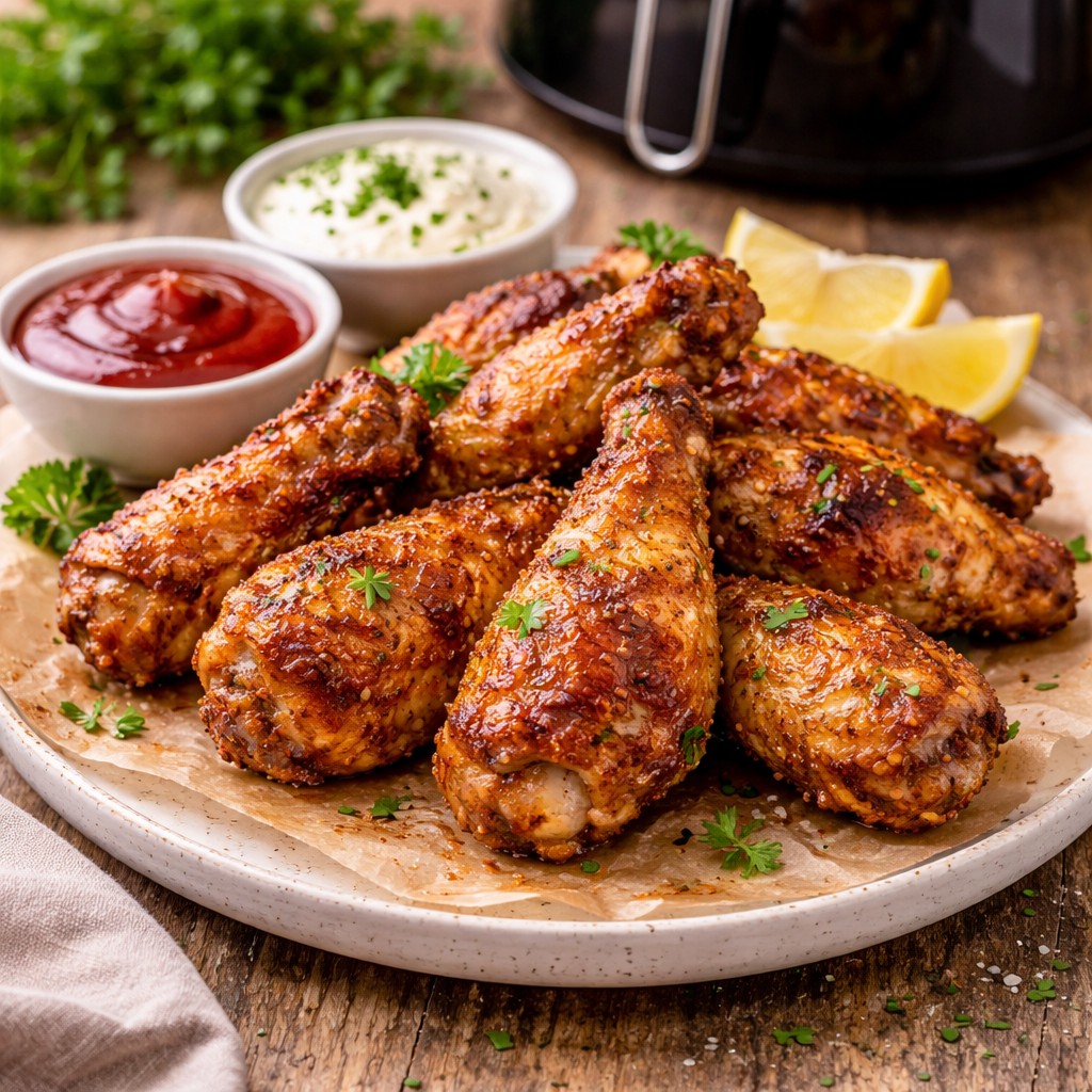 Sprøde krydrede kyllingevinger med dip og citron på tallerken foran en airfryer
