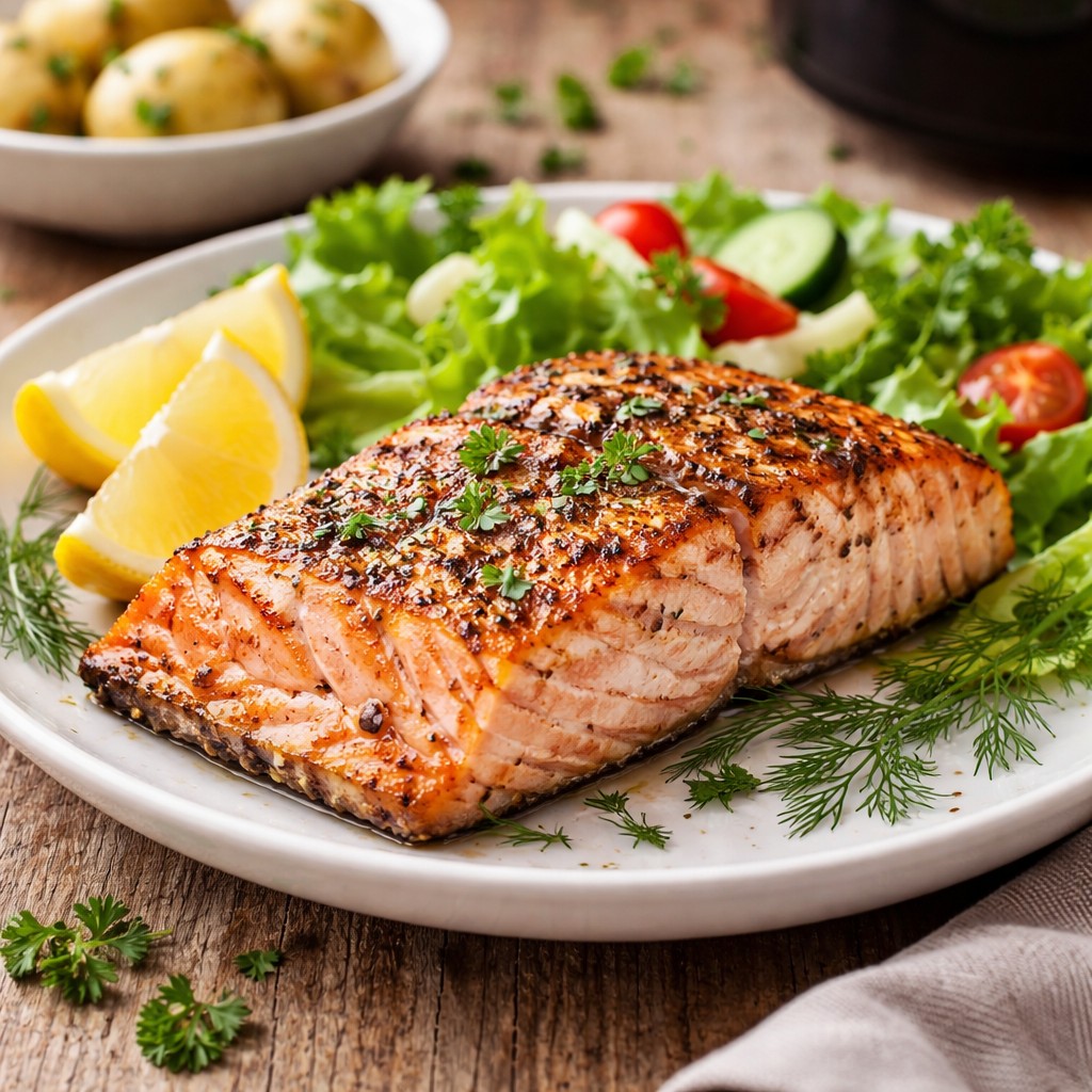 Stegt laksefilet med krydderi på hvid tallerken, citron, dild, salat og kartofler i baggrunden på træbord