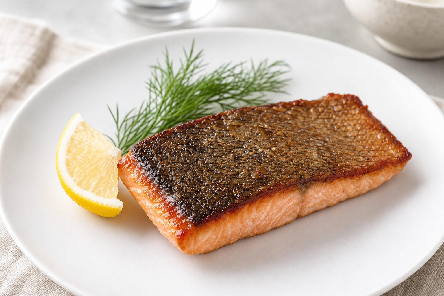 Laks med sprødt skind på tallerken med citronskive og dild