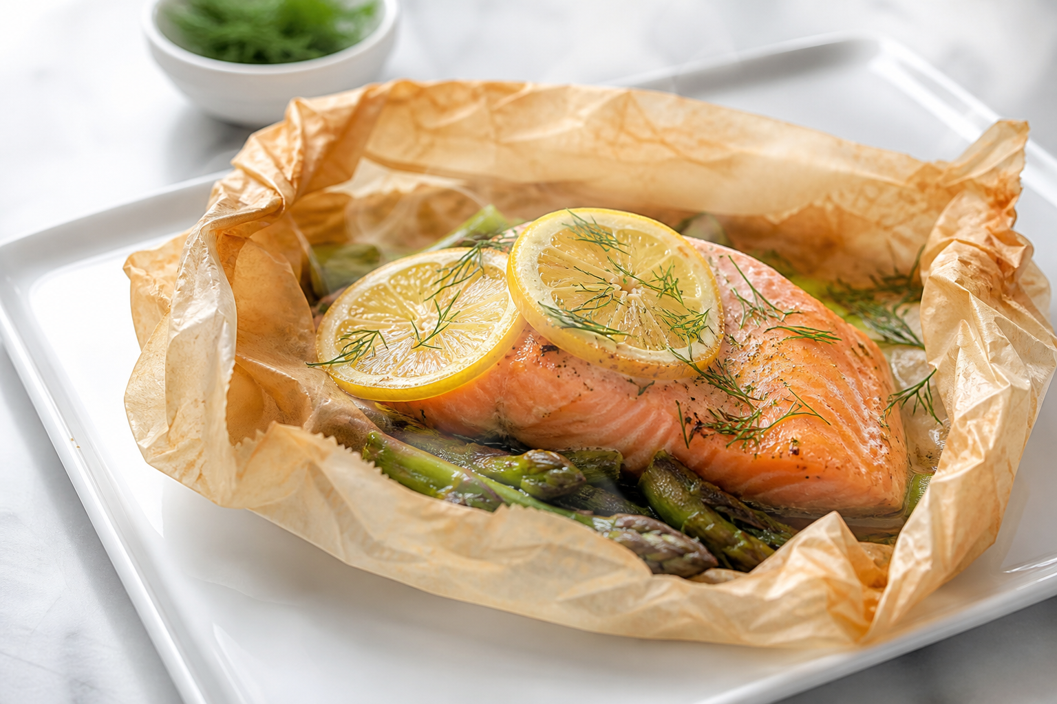 Laksepakke i bagepapir med citron, dild og asparges på tallerken, dampende varm