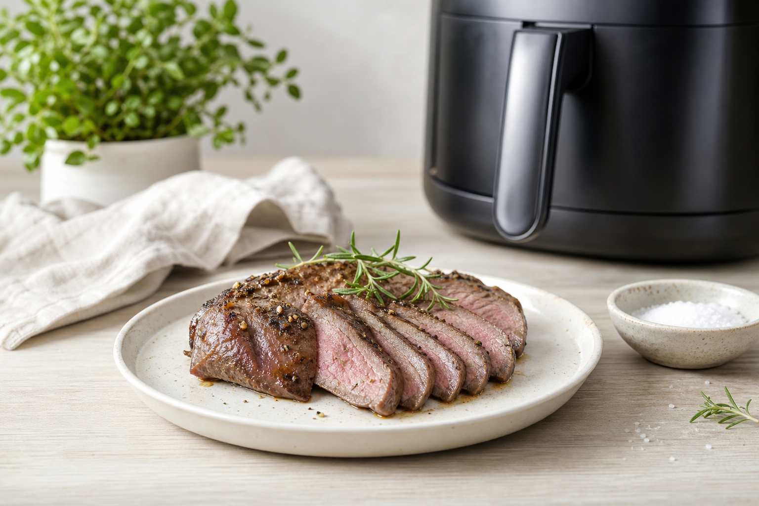 Skiver af lammeculotte med rosmarin på hvid tallerken ved lyst træbord — airfryer sløret i baggrunden.