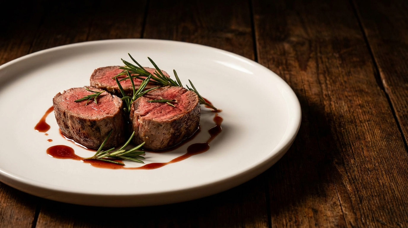 Skåret lammefilet med rosa midte, rosmarin og hvidløg på skærebræt