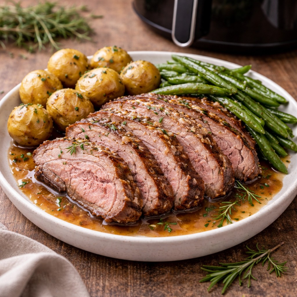 Skiver af saftig lammekølle med kartofler og grønne bønner på tallerken foran en airfryer