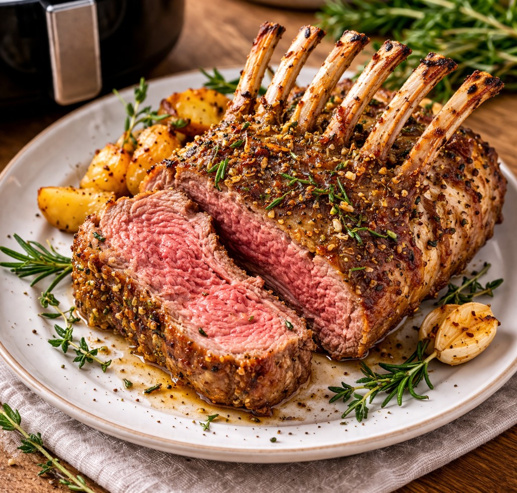 Saftig lammekrone tilberedt i airfryer, serveret med ovnstegte kartofler og friske krydderurter.