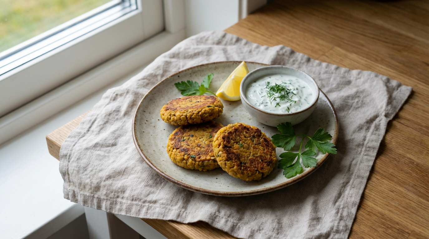 Gyldne linsefrikadeller med urter og citron på tallerken med dip