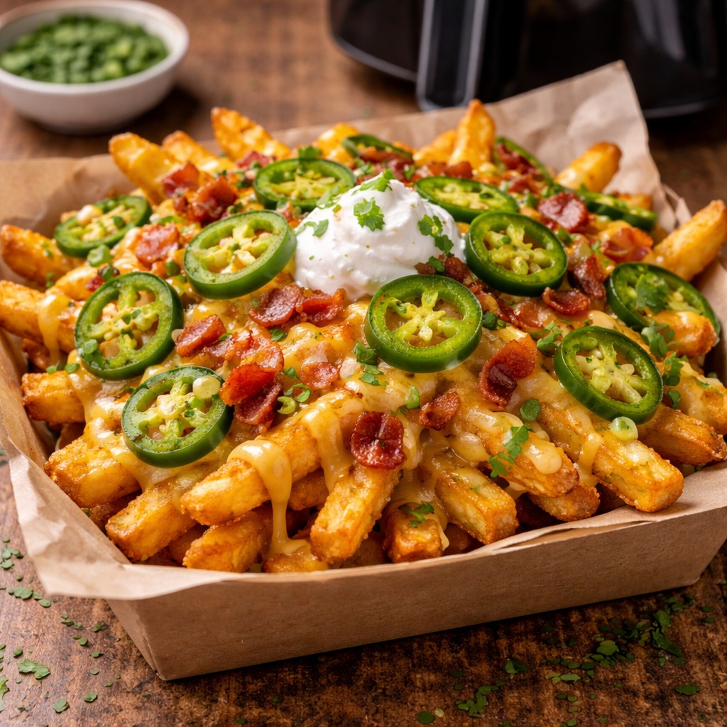 Loaded fries med smeltet ost, jalapenos, bacontern og creme på fad