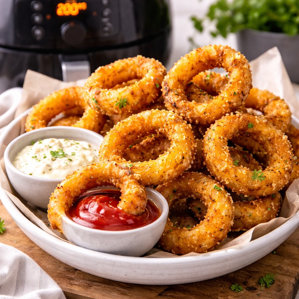 Skål med gyldne panerede løgringe, ketchup og hvid dip, persille og airfryer med 200 grader i baggrunden