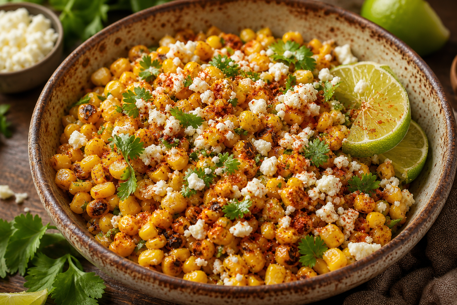 Ristede majskorn i skål med lime, urter og feta
