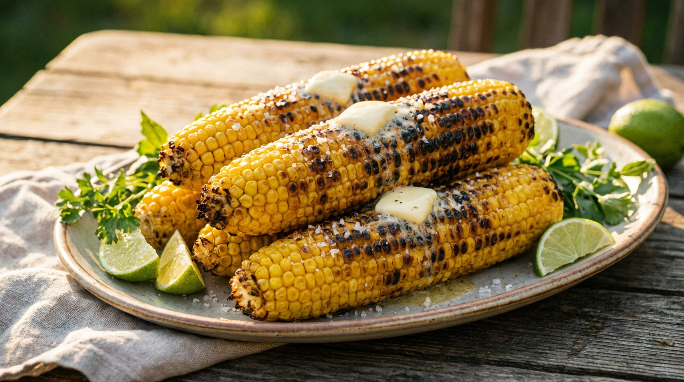 Smøristede majskolber med salt på fad