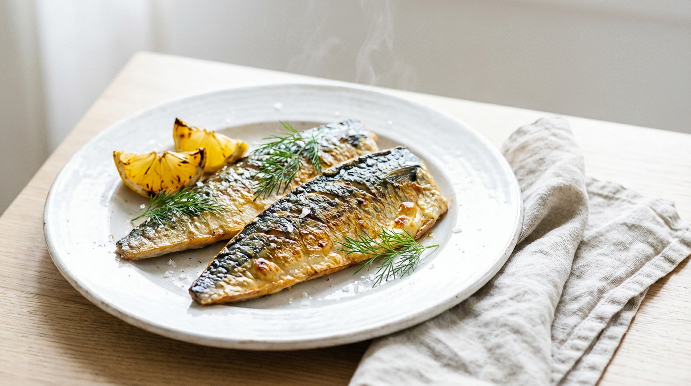 Gyldne makrelfileter med citronskiver og dild på hvid tallerken, damp, lyst nordisk køkken