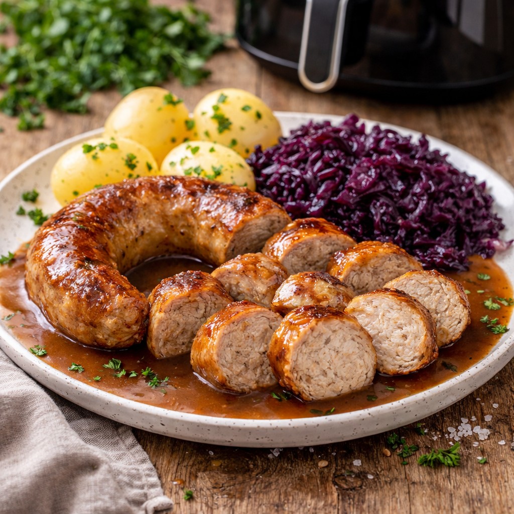 Skiver af saftig medister med sovs, kartofler og rødkål på tallerken foran en airfryer