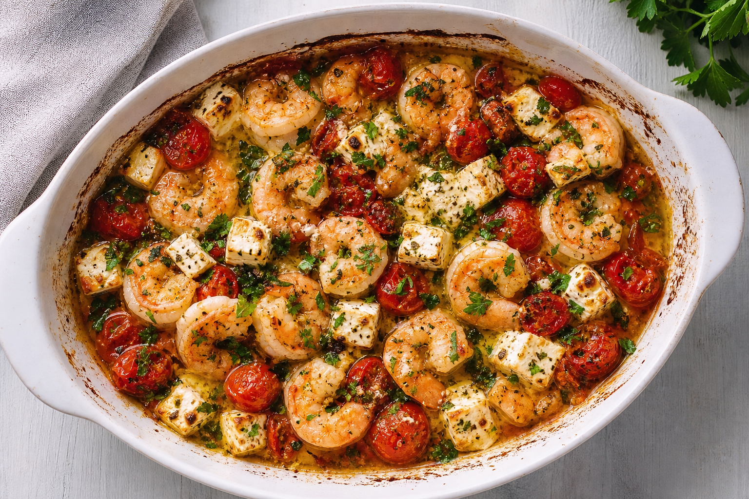 Ovnbagt middelhavsskål med rejer, cherrytomater, feta og urter i hvid fad