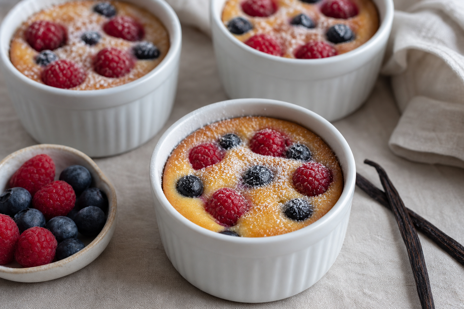 To små clafoutis i ramekin med bær synlig i overfladen og flormelis
