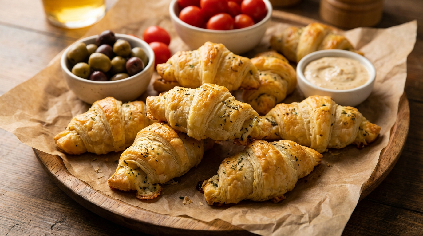 Gyldne mini-croissanter med fyld på bagepapir