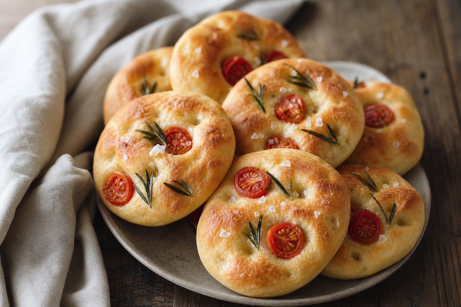 Gyldne minifocaccia med rosmarin, salt og cherrytomater