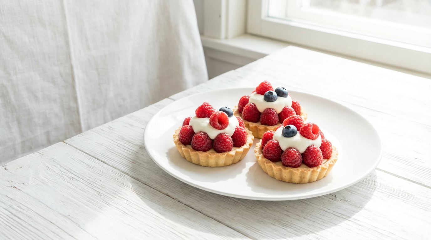 Tre små hindbærtærter på hvid tallerken med flødeskum, lyst dessertfoto nordisk stil